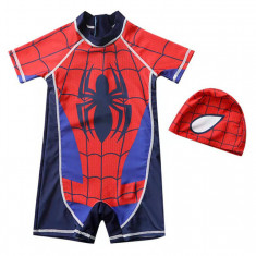 Costum Spiderman Copii, THK, cu maneca scurta si caciula, Rosu/Negru - 5-6 ani