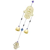 Clopoței de v&acirc;nt cu Mana lui Fatima și Ochiul protector, cu 2 clopoței, talisman de protecție spirituală și echilibru energetic pentru casă