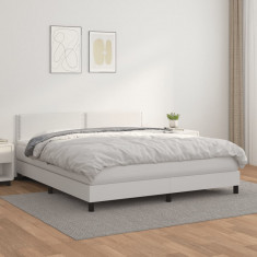 vidaXL Pat box spring cu saltea, alb, 180x200 cm, piele ecologică