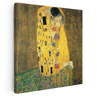 Tablou pictura Sarutul de Gustav Klimt, galben 1314 Tablou canvas pe panza CU RAMA 80x80 cm foto