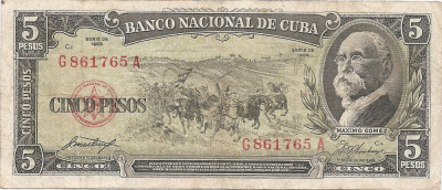 Cuba 5 Pesos 1958 - Maximo Gomez, G861765A, P-91a foto