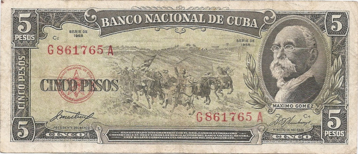 Cuba 5 Pesos 1958 - Maximo Gomez, G861765A, P-91a