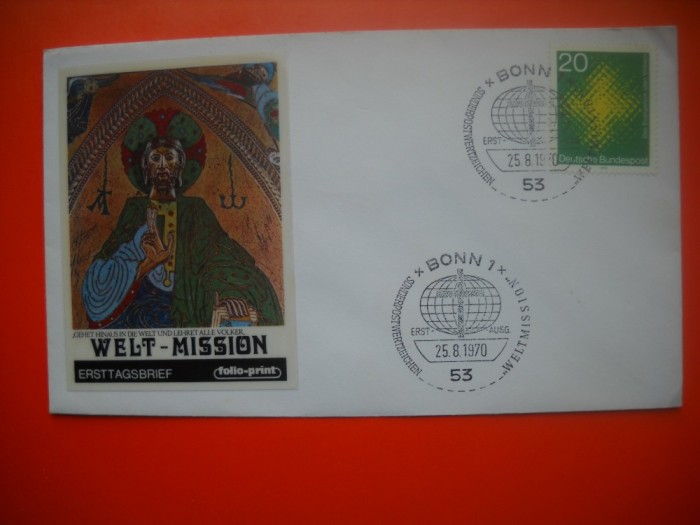 HOPCT PLIC S FDC NR 692 MISIUNEA BISERICII CATOLICE 1970 GERMANIA -NECIRCULAT