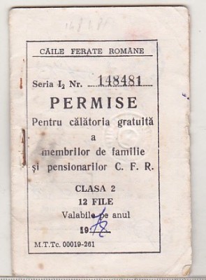 bnk div CFR - Permise pentru calatorie gratuita - cls 2 - 1978 foto