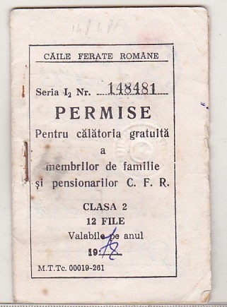 bnk div CFR - Permise pentru calatorie gratuita - cls 2 - 1978