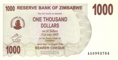 Zimbabwe 1000 Dolari 2006 - P-44 UNC !!! foto