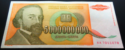 Bancnota 5000000000 DINARI - YUGOSLAVIA, anul 1993 *cod 657 - AUNC MAI RARA! foto