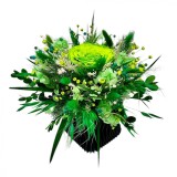 Aranjament floral cu trandafir criogenat verde si plante stanilizate, in vas negru 3D
