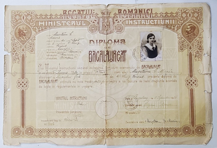 LICEUL DE FETE DIN CAMPULUNG MUSCEL , DIPLOMA DE BACALAUREAT , 1931