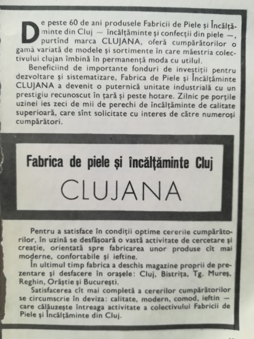 1973 Reclama Fabrica Piele si Incaltaminte CLUJANA 24 x 17 comunism CLUJ