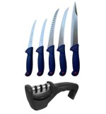 Set 5 Cutite profesionale pentru macelarie, dezosat, filetat, injunghiat si Ascutitor manual 3 nivele intensitate