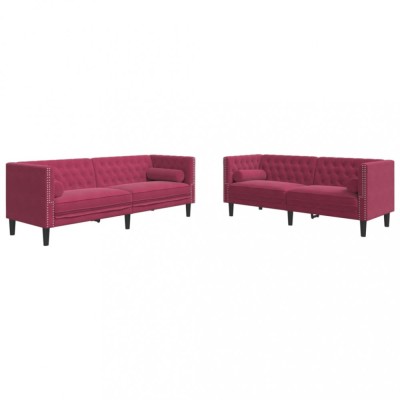 Set canapele Chesterfield perne rulou 2 piese rosu vin catifea foto