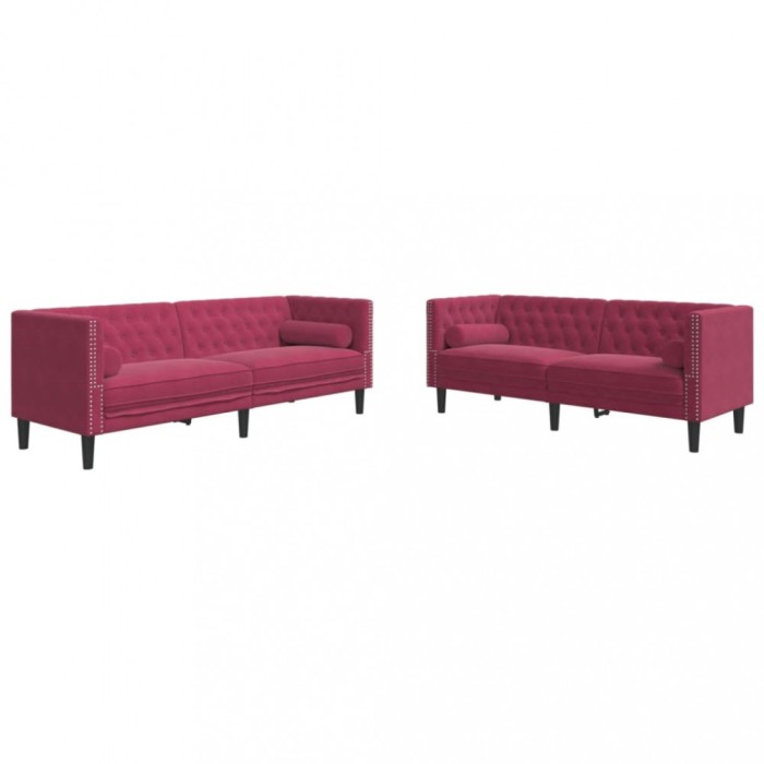 Set canapele Chesterfield perne rulou 2 piese rosu vin catifea