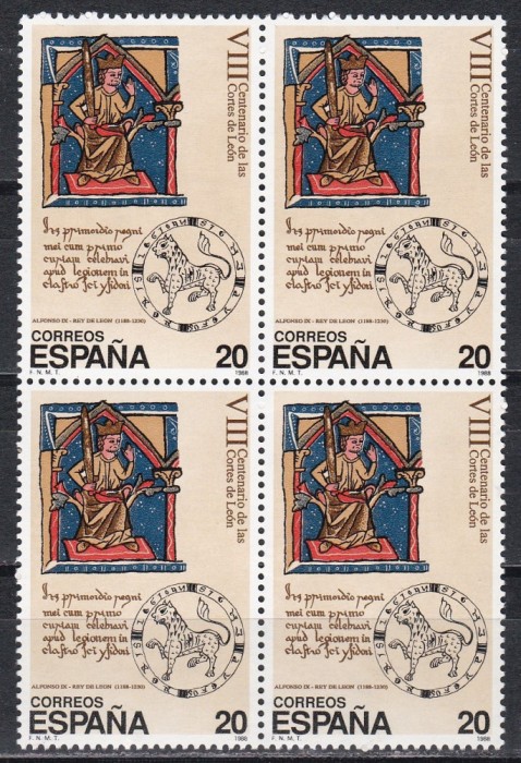 Spania 1988-800 de ani de la formarea Parlamentului Regatului Leon,Bloc de 4,MNH