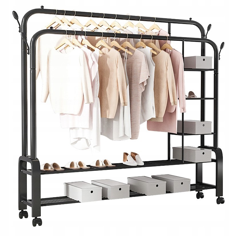 Suport dublu pentru umerase, haine, stand metalic, organizator, pe roti ...