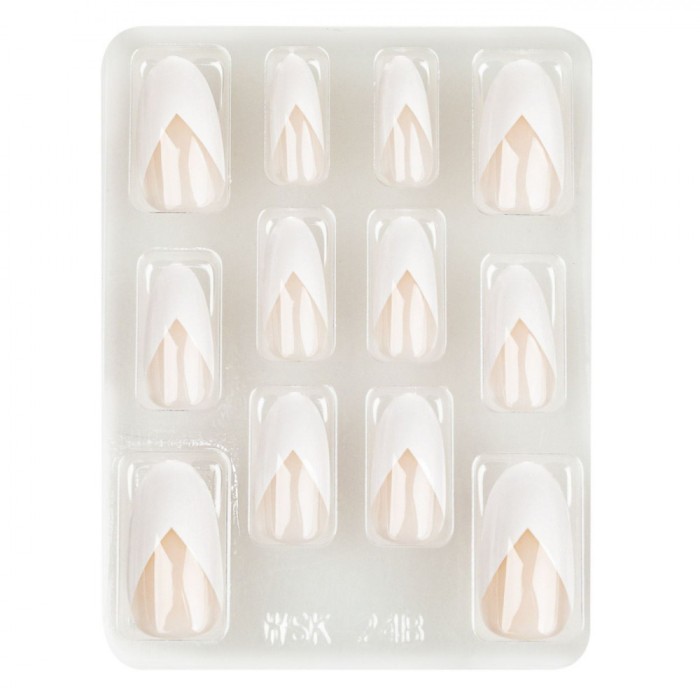Set Unghii False Pretăiate, 12 Bucăți, French Oval-Ascuțite, Nude cu Colț Alb