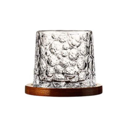Pahar, pentru whiskey, Spinner, cu baza din lemn, 280 ml, 9.2 x 8 cm, transparent, din sticla, design unic si elegant foto