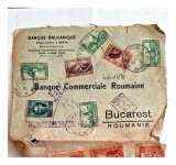 Plic 1923 Bulgaria to Romania Banque Balkanique Rousse Bucarest recomandat 14 timbre si sigiliu ceara