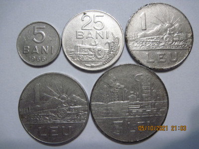 Romania (e116) - 5, 25 Bani, 1 Leu (2 pcs.) 1966, 3 Lei 1963 foto