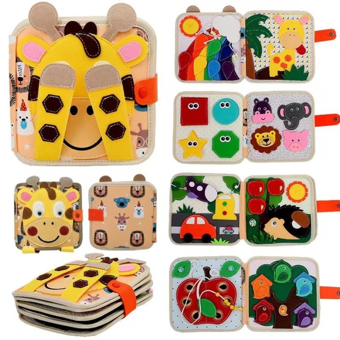 Carte senzoriala educativa montessori 7in1, flippy, dezvoltare abilitati motorii, 8 pagini, 3d, cu elemente detasabile, model girafa, 21x21x8 cm, maro