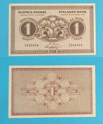 Finlanda (pick 35) 1 Markkaa 1918 aUNC serie: 2040664 foto