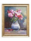 Tablou cu azalee pictat manual inramat, Puritate, 45x35cm ulei pe panza, rama din lemn, Geo Ungureanu