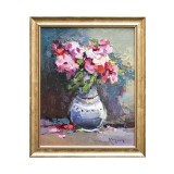 Tablou cu azalee pictat manual inramat, Puritate, 45x35cm ulei pe panza, rama din lemn, Geo Ungureanu
