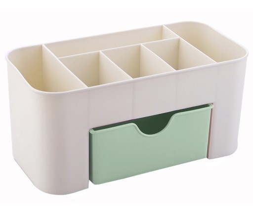 Organizator pentru cosmetice, bijuterii si ceasuri, 1 sertar, 6 compartimente, plastic, crem/verde