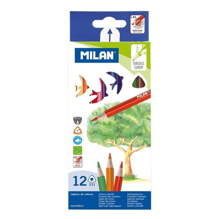 Set 12 Creioane Color MILAN, 12 Culori, Corp Triunghiular din Lemn, Creioane Colorate, Creioane MILAN, Set Creioane Colorate, Creion Colorat, Creioane