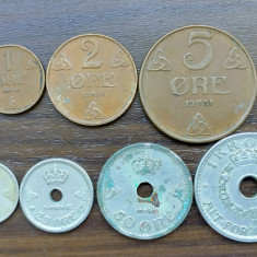 Lot 7 monede diferite Norvegia - 1/2/5/10/25/50 Ore/1 Krone - Anii '30' 40 '50