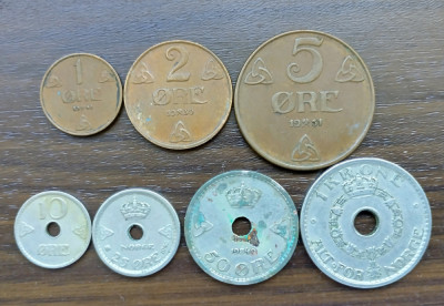 Lot 7 monede diferite Norvegia - 1/2/5/10/25/50 Ore/1 Krone - Anii &amp;#039;30&amp;#039; 40 &amp;#039;50 foto