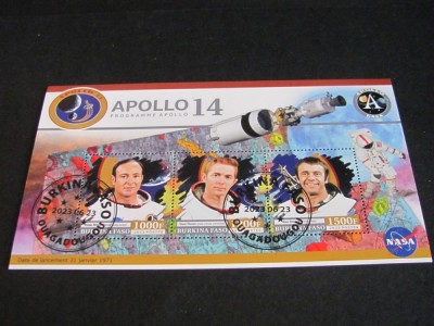 Apollo 14 Prima Misiune Lunară cu Echipaj . Bloc filatelic Burkina Faso 2023 (3 valori) foto