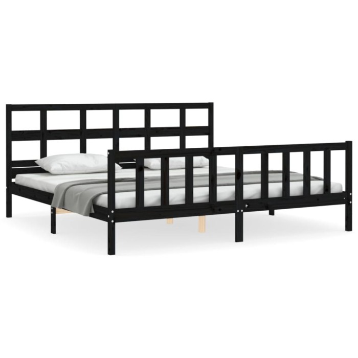 Cadru pat cu tablie 200x200 cm, negru, lemn masiv