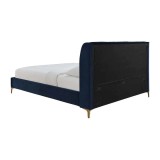 Pat Tapitat Albastru Navy cu Spatiu Depozitare, 152.5x208 cm. Pat Dublu Modern, Cadru Pat cu Somiera Inclusa