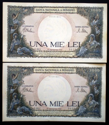 392 ROMANIA WWII 2X1000 LEI 10.09.1941 SR. 632-633 XF/AUNC SERII CONSECUTIVE foto