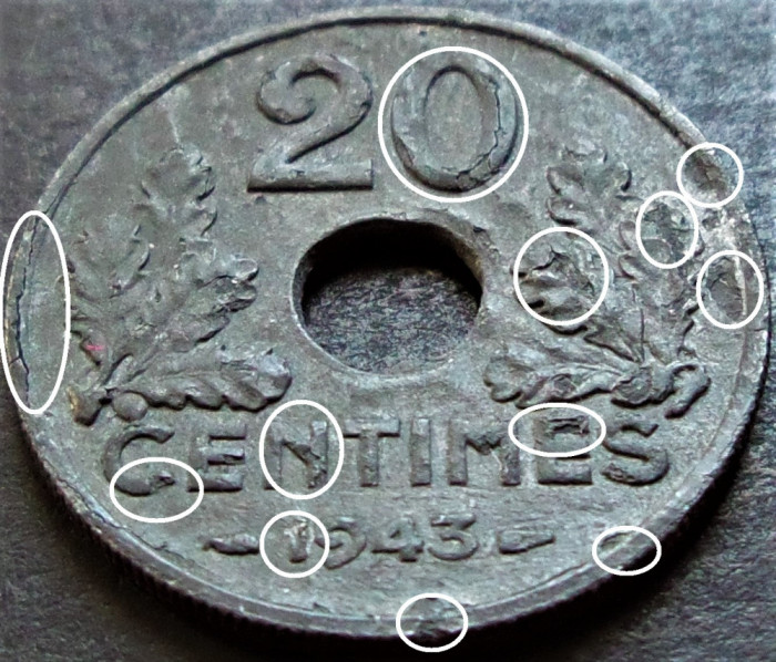 Moneda istorica 20 CENTIMES - FRANTA, anul 1943 *cod 1292 B = multiple erori