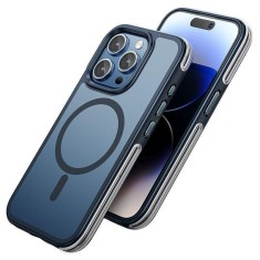 Husa de Protectie Compatibila cu iPhone 15 Pro, Rezistenta la Socuri, Margine Albastra, Spate Fumuriu,