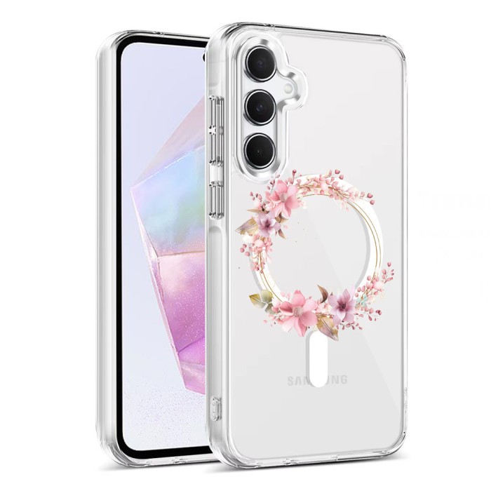 Husa pentru samsung galaxy a16, atasare magnetica, magsafe, pink wreath 2, clear
