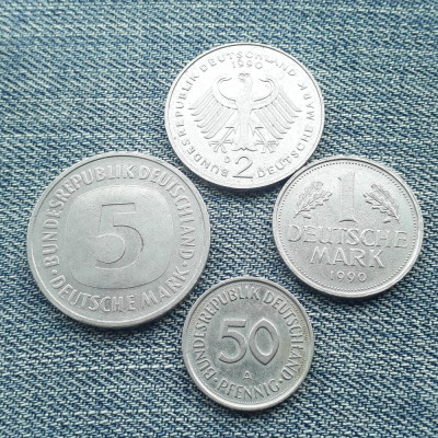 #74 Lot 4 monede 50 Pfennig 1,2,5 Mark Germania 1990 A,1990 F, 1990 D, 1989 D foto