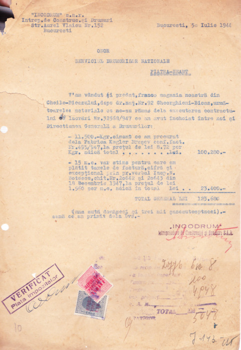 AMS - CONTRACT VANZARE CUMPARARE INCODRUM INTREP. CONSTRUCTII DRUMURI BUC. 1948