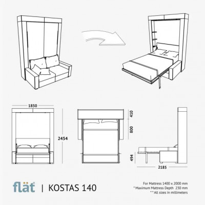 Pat canapea rabatabil KOSTAS 140 FLAT huse detasabile si rafturi inauntru foto