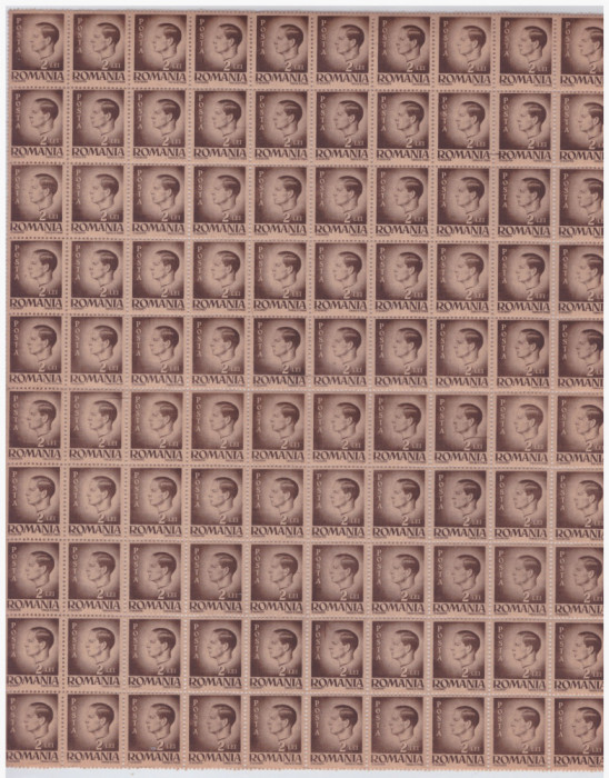 RO-0066-Romania 1945=Lp188-MIHAI-Uzuale 2 lei sepia-coala de 100 timbre h gri,