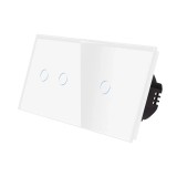 Intrerupator dublu + simplu cu indicator luminos, Luxion LX-ST-201/101-W, touch, incastrat, rama din sticla inclusa, alb