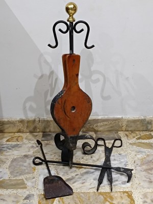 Antic set de unelte pentru semineu, cu foale, Rar, 69cm foto