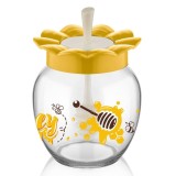 Recipient din Sticlă cu Capac Floare Galbenă și Lingură pentru Miere, 370ml, CMCLASS