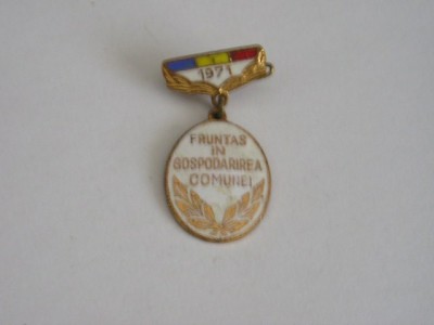 QW9 L 24 - Insigna - tematica comunism - Fruntas in gospodarirea comunei an 1971 foto