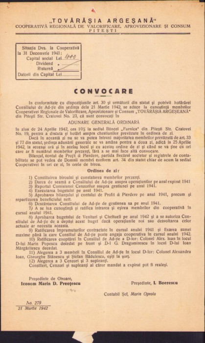 A2669N Tovărășia Argeșană, convocare 1941, Pitești