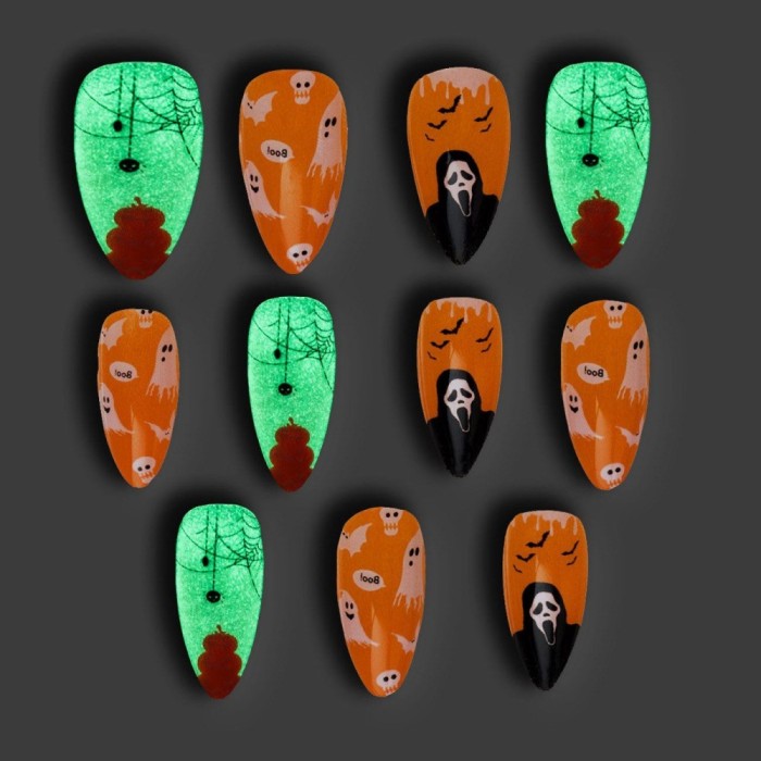 Set Unghii False Halloween, Model Ovale, Multicolor, 12 Bucăți, Glow in the Dark