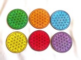 Set 6 Suporturi Pahar Lemn, Pictate Manual, Floarea Vietii, Multicolor, Diametru 9cm