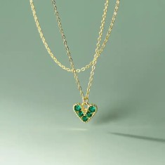 Lantisor Din Argint Piatra Verde Model Inima Romantica - Placat Aur Arg134G